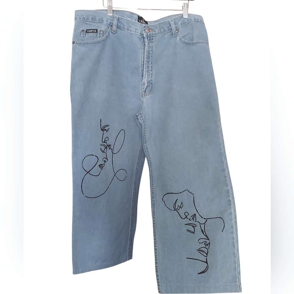 Campus Hand Painted Artistic Face Loose-Fit Jeans